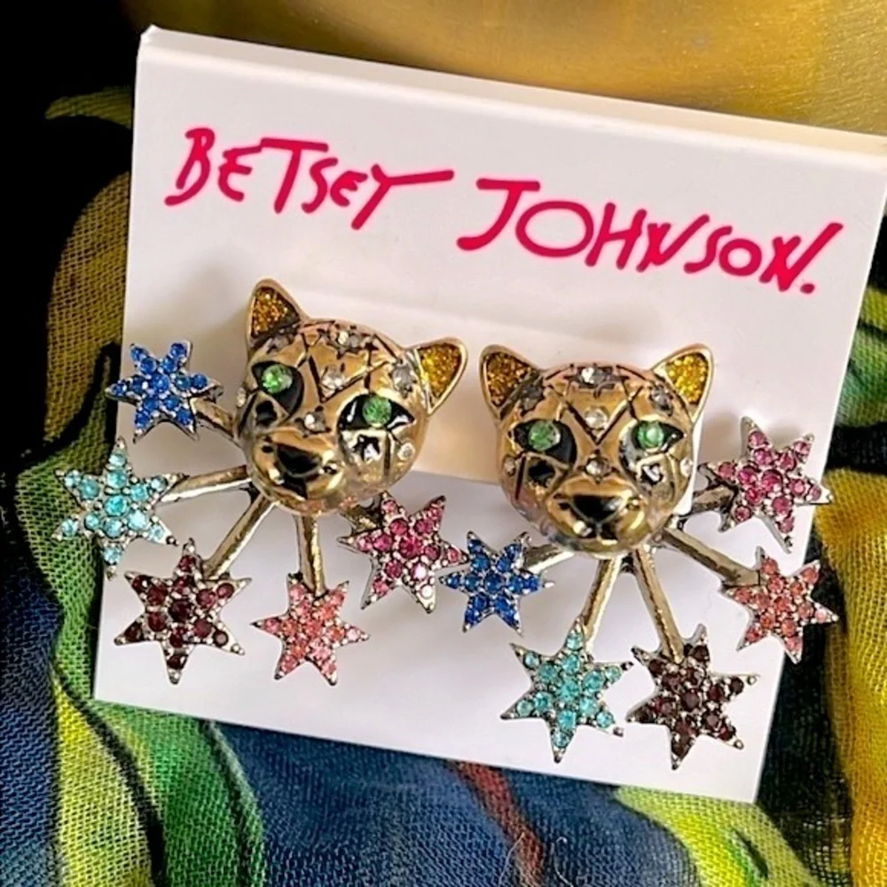 Brand New Betsey Johnson Leopard Colorful Stars Front Back Post Earrings Jungle - Picture 2 of 9